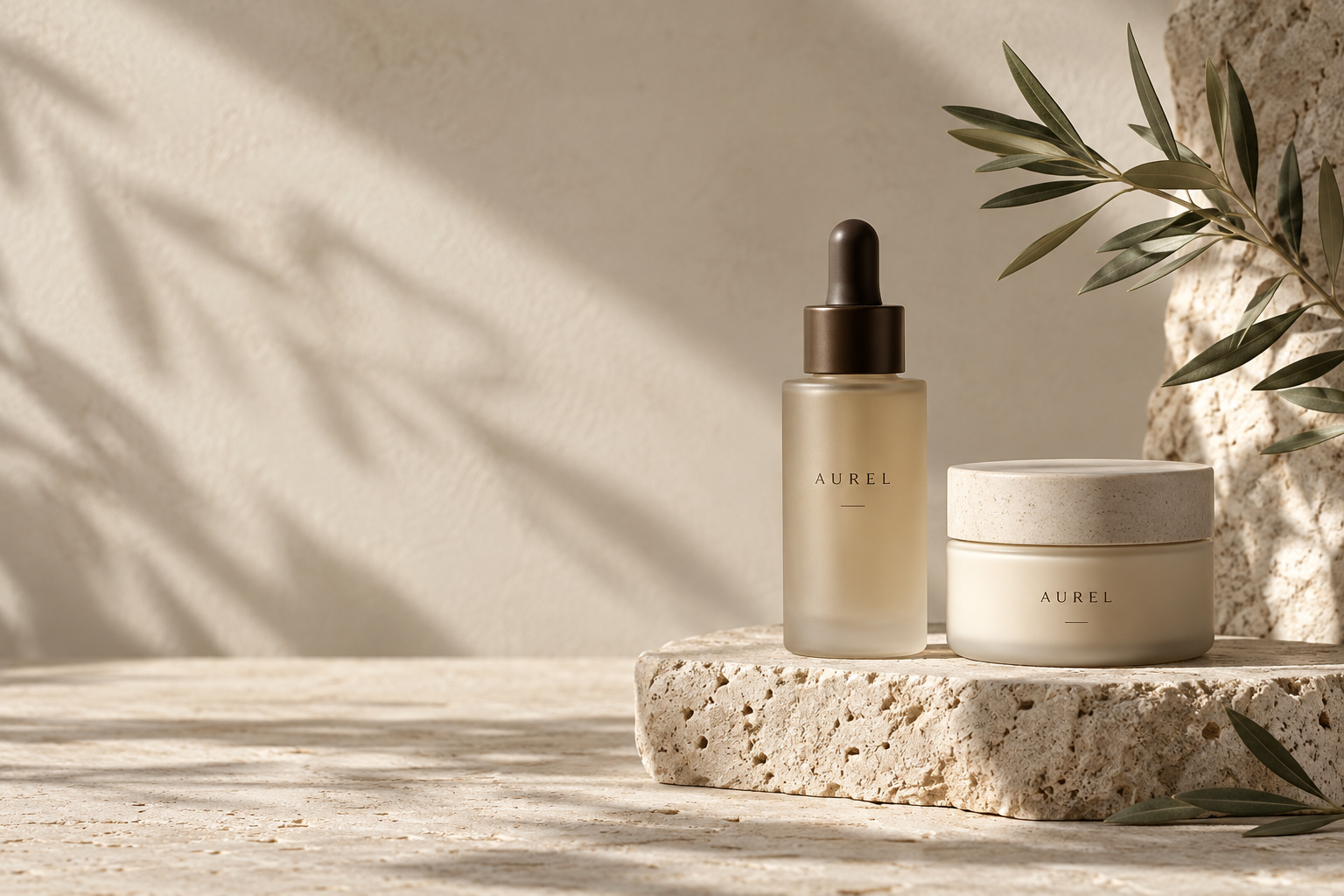 AUREL concept: skincare products on sunlit stone
