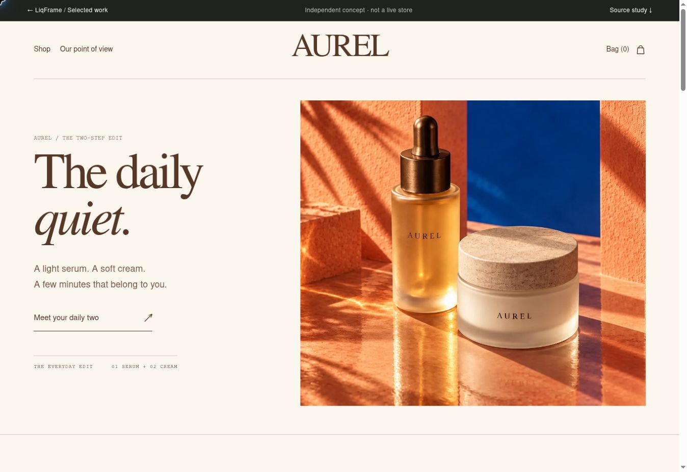 The AUREL skincare concept on desktop, with its editorial layout and campaign photography